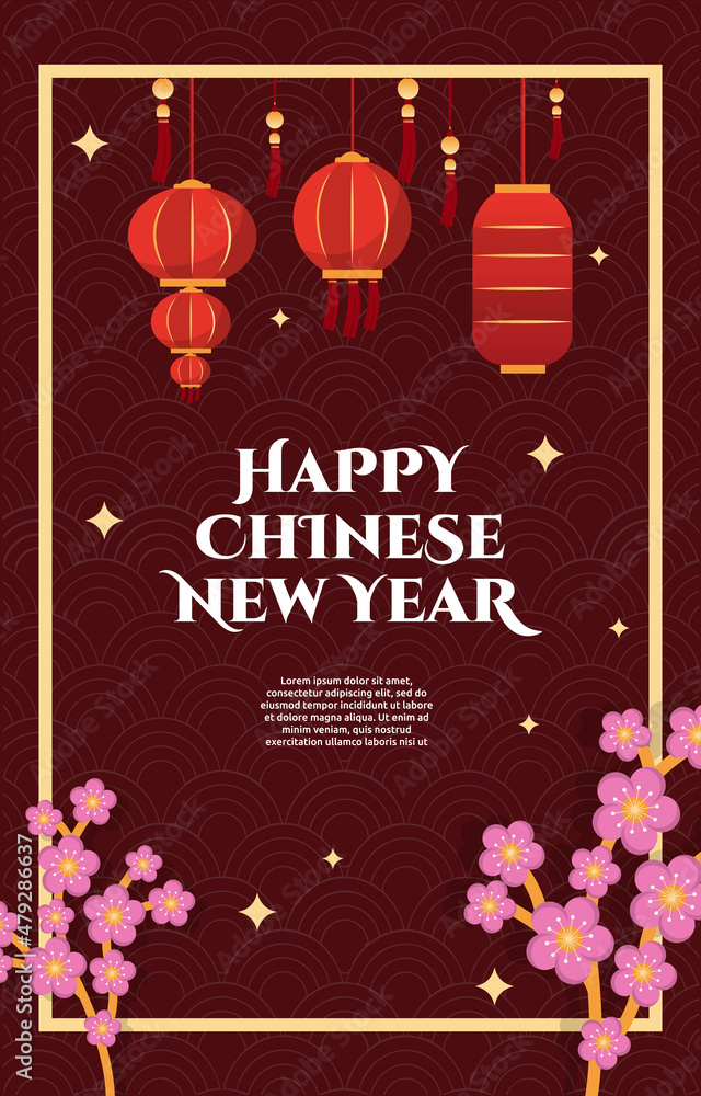 Lantern Flower Happy China Chinese New Year Celebration Red Greeting Card