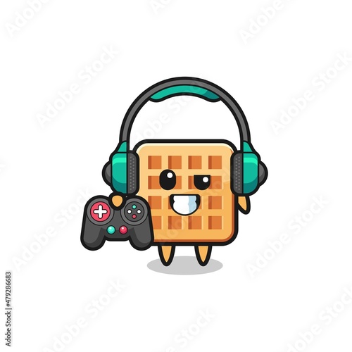 waffle gamer mascot holding a game controller