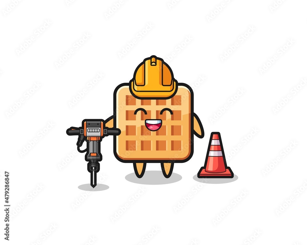 road worker mascot of waffle holding drill machine road worker mascot of waffle holding drill machine