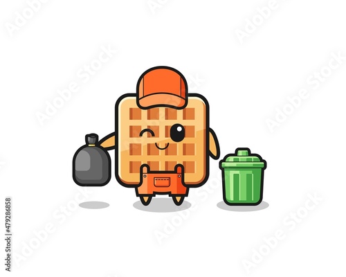 the mascot of cute waffle as garbage collector