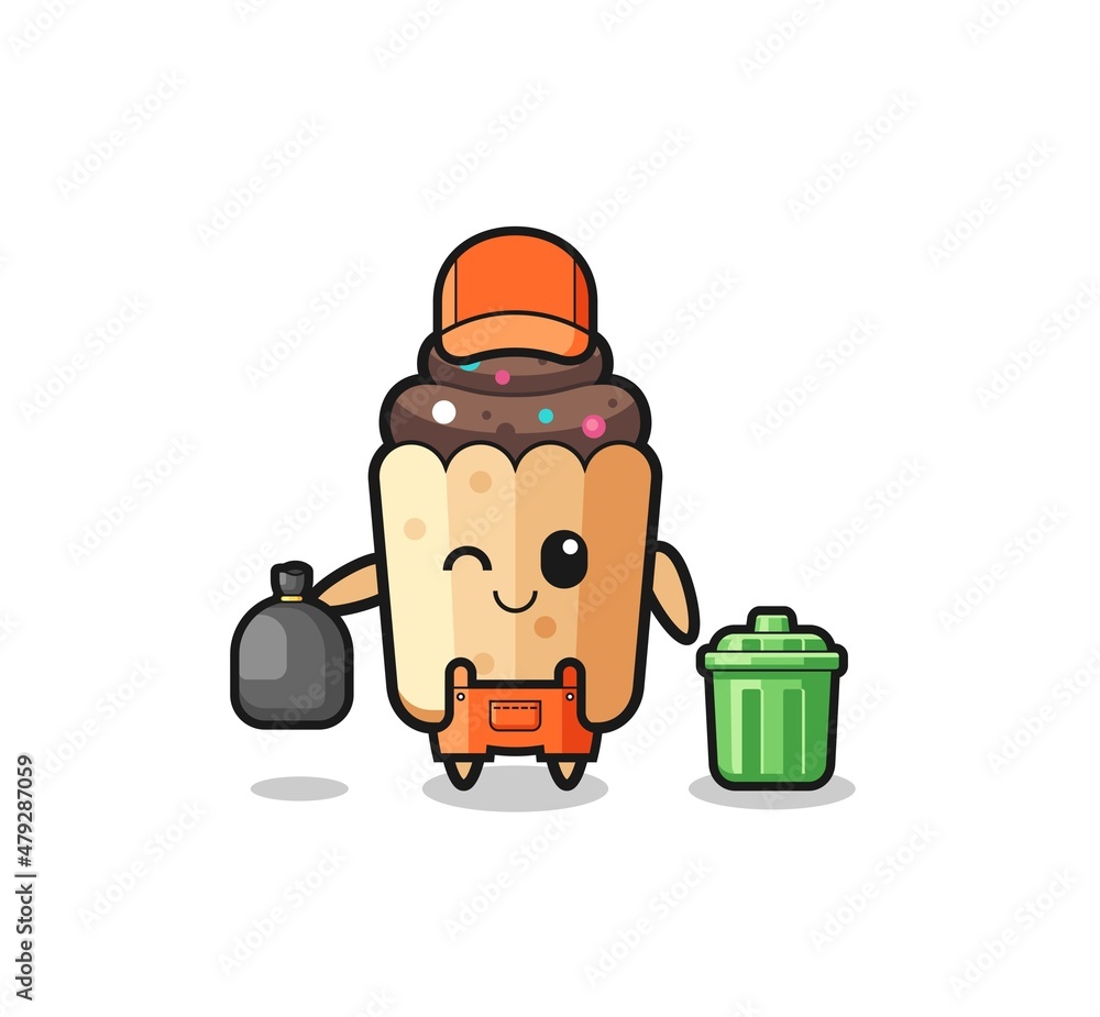 the mascot of cute cupcake as garbage collector the mascot of cute cupcake as garbage collector