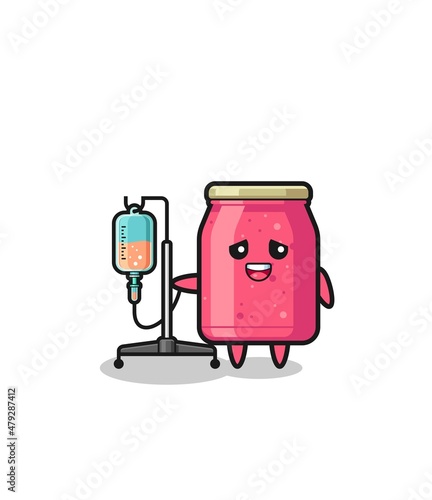 cute strawberry jam character standing with infusion pole