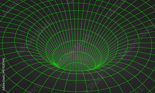 Wormhole geometric grid wireframe tunnel flat style design vector illustration. Abstract futuristic time travel wormhole tunnel science 3d surface concept grid.
