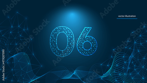 Number of 6,  abstract modern digital futuristic technology . Geometric light drops with networking lines template vector illustration on dark blue background.