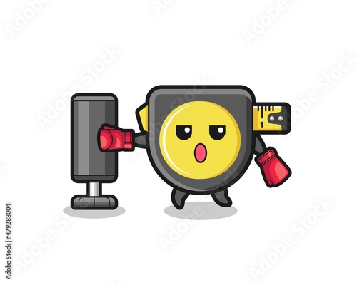 tape measure boxer cartoon doing training with punching bag