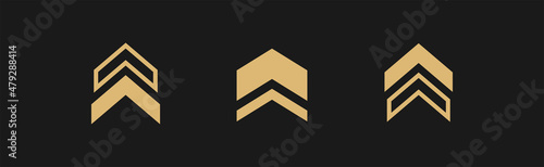 three golden squared arrows up icon. swipe up buttons set isolated on black. Upload icon.