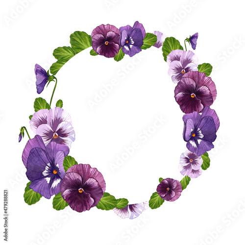Pansies. Lilac and purple flowers in the shape of a circle. Spring  summer ready template. Watercolor illustration on isolated white background.
