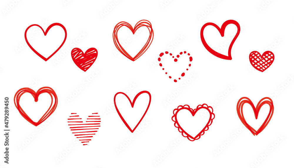 Red doodle heart, Vector hand drawn illustration set