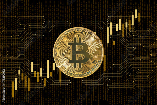 bitcoin on abstract printed circuits and bargraph  on black background