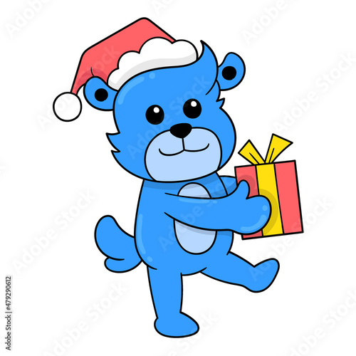 the blue bear is carrying a christmas present, doodle icon image kawaii