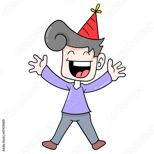boy is happy to welcome the new year, doodle icon image kawaii