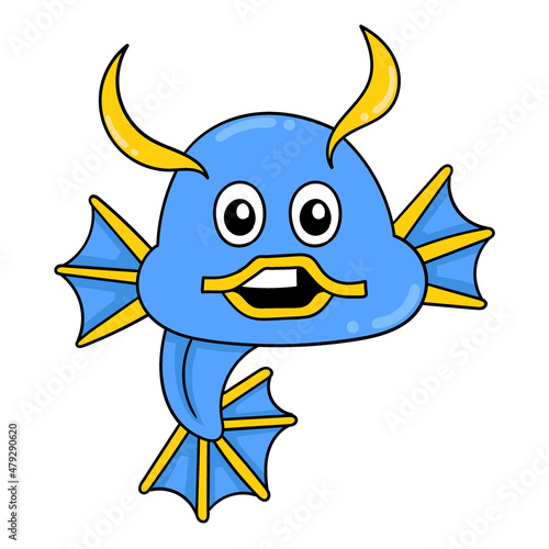 beautiful blue fish playing in the water, doodle icon image kawaii