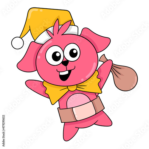 pink dog holding christmas gifts to share, doodle icon image kawaii