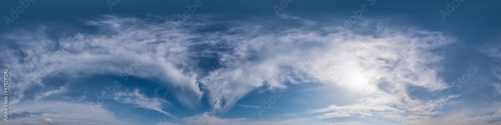 Blue sky panorama with Cirrus clouds in Seamless spherical equirectangular format. Full zenith for use in 3D graphics, game and editing aerial drone 360 degree panoramas for sky replacement.