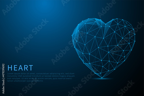Abstract Heart icon from lines glowing blue on blue background. Low poly style design. abstract geometric background. Wireframe light connection structure.