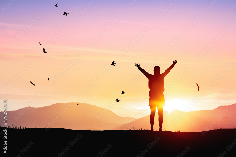 Woman rising hands and birds flying on sunset sky at nature field abstract background. Freedom feel good and travel adventure concept. Woman rising hands and birds flying on sunset sky at nature field abstract background. Freedom feel good and travel adventure concept.