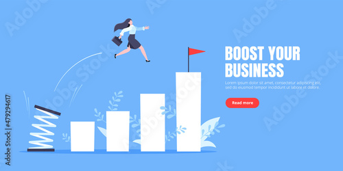 Springboard businesswoman high jump flat style design vector illustration concept. Business person jumps above career ladder. Success growth, motivation opportunity, boost career concept.