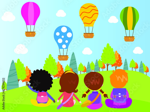 Dream vector concept: Little children looking at air balloon while sitting together at the park