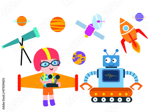 Dream vector concept. Little boy character wearing adventure helmet and wings while controlling robot with planet, telescope, spaceship, and satellite.