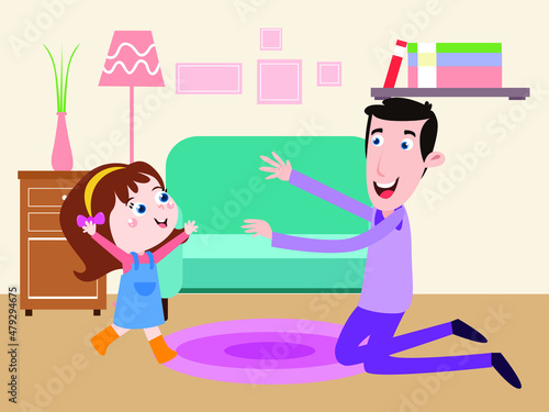 Fatherhood vector concept: Little daughter running to her father at home while enjoying quality time