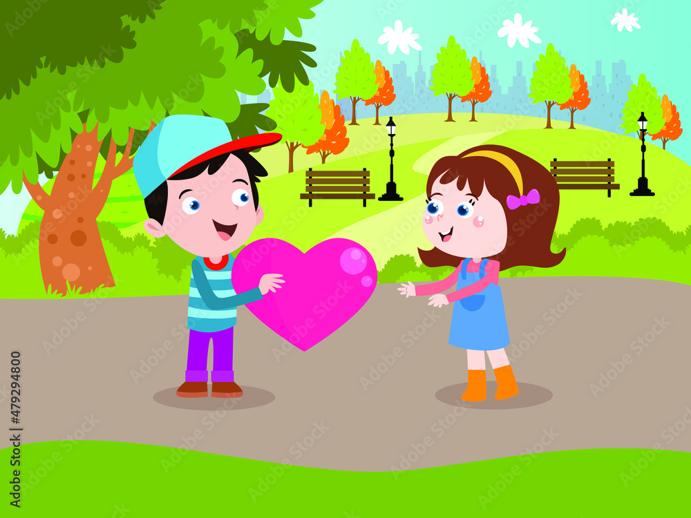 Children vector concepts: Little boy giving heart shape to little girl while enjoying leisure time in the park