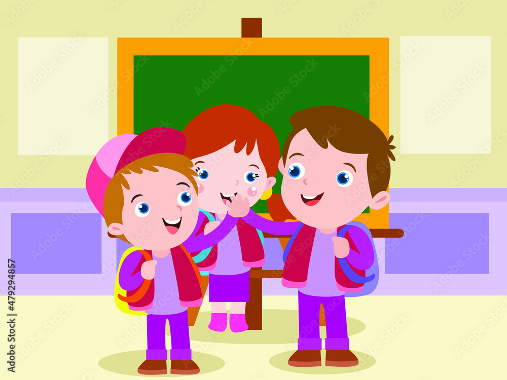 Back to school vector concept: Little children doing high five in the classroom while standing together Back to school vector concept: Little children doing high five in the classroom while standing together