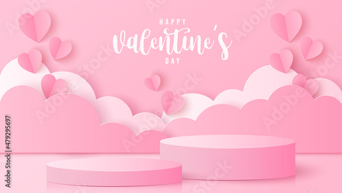 Paper cut of Valentine's Day background with pink cylinder podium and pink heart for products display presentation, poster, banner