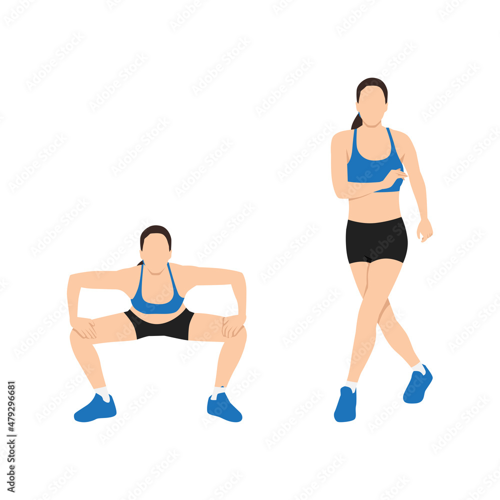 Woman doing Gate swings exercise. Flat vector illustration isolated on white background Woman doing Gate swings exercise. Flat vector illustration isolated on white background
