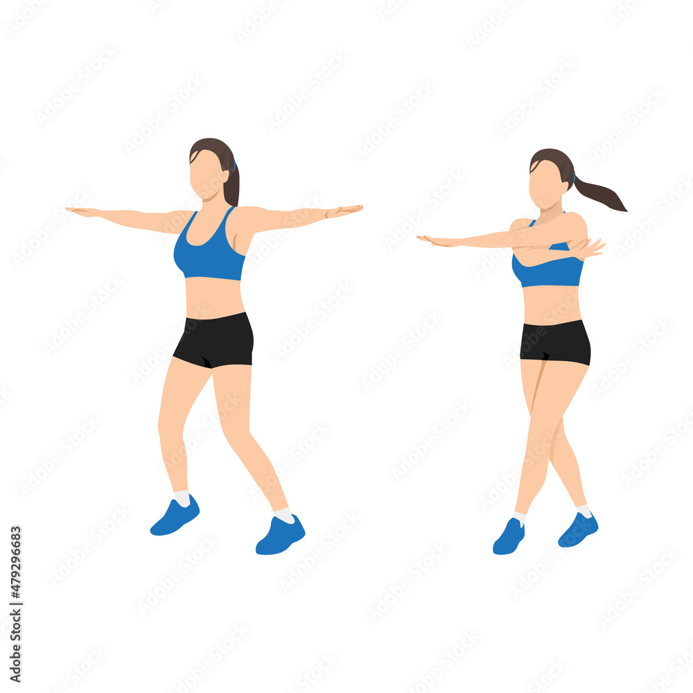 Woman doing Cross jacks exercise. Flat vector illustration isolated on white background Woman doing Cross jacks exercise. Flat vector illustration isolated on white background