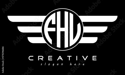 FHV three letter monogram type circle letter logo with wings vector template. photo