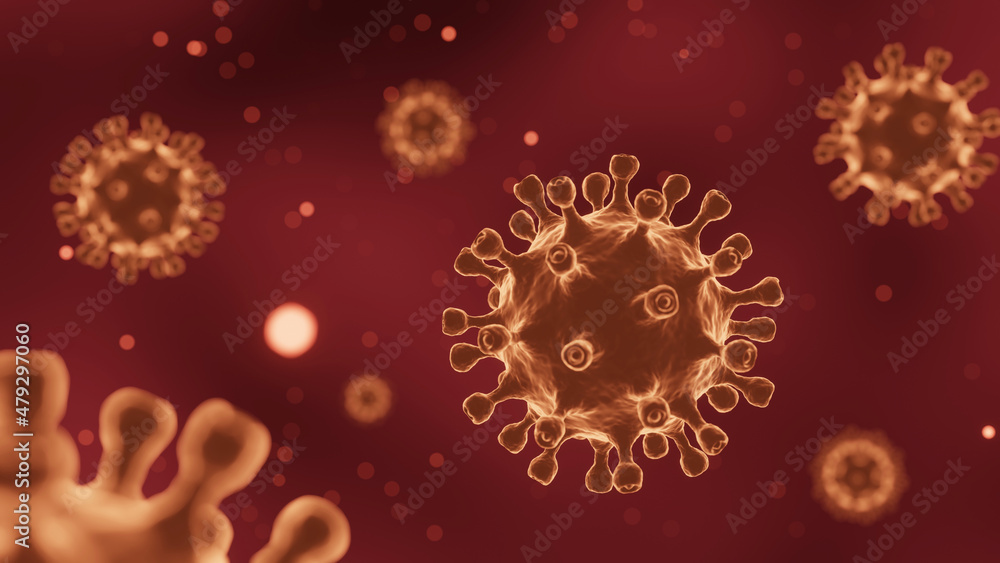 COVID-19 Corona virus with spike glycoprotein are floating on the air . Dark red color background . 3D rendering .
