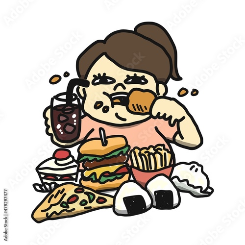暴食をする女性のイラスト。
