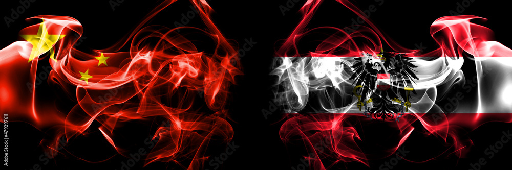 Flags of China, Chinese vs Austria, flag, state. Smoke flag placed side by side on black background. Flags of China, Chinese vs Austria, flag, state. Smoke flag placed side by side on black background.