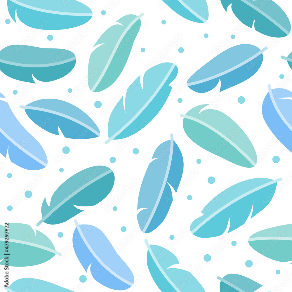 Light blue feathers - seamless textures on white background. Natural eco-friendly filling that provides warmth, softness and comfort. Flat cartoon vector illustration.