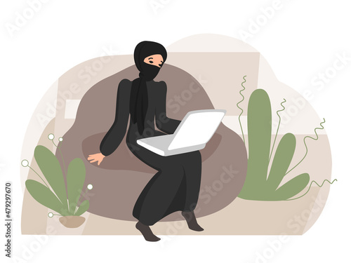Flat drawing of a girl in a hijab at a laptop. Online learning, remote communication and video conferencing. Flat vector illustration.