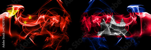 Flags of China, Chinese vs Cambodia, Cambodian, Khmer. Smoke flag placed side by side on black background.