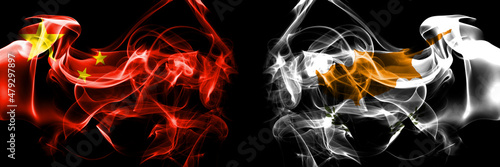 Flags of China, Chinese vs Cyprus, Cypriot. Smoke flag placed side by side on black background.