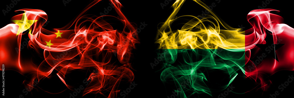 Flags of China, Chinese vs Guinea Bissau. Smoke flag placed side by side on black background.