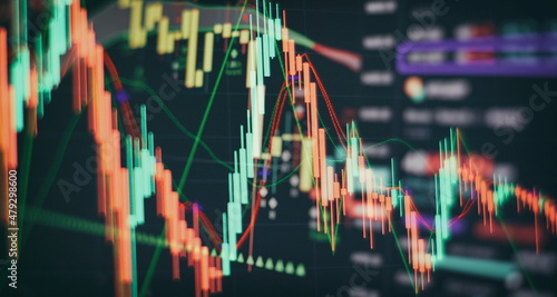 Photos Technical price graph and indicator, red and green candlestick chart on blue theme screen, market volatility, up and down trend
