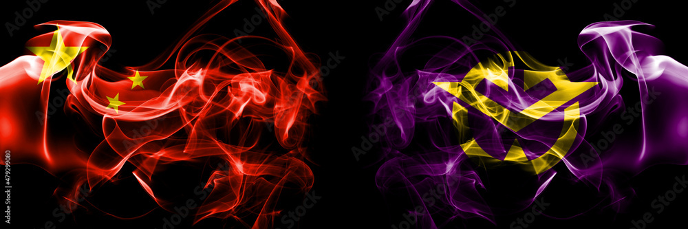 Flags of China, Chinese vs Japan, Japanese, Okayama Prefecture. Smoke flag placed side by side on black background. Flags of China, Chinese vs Japan, Japanese, Okayama Prefecture. Smoke flag placed side by side on black background.