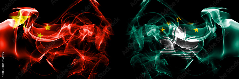Flags of China, Chinese vs Macau, China, Chinese. Smoke flag placed side by side on black background. Flags of China, Chinese vs Macau, China, Chinese. Smoke flag placed side by side on black background.