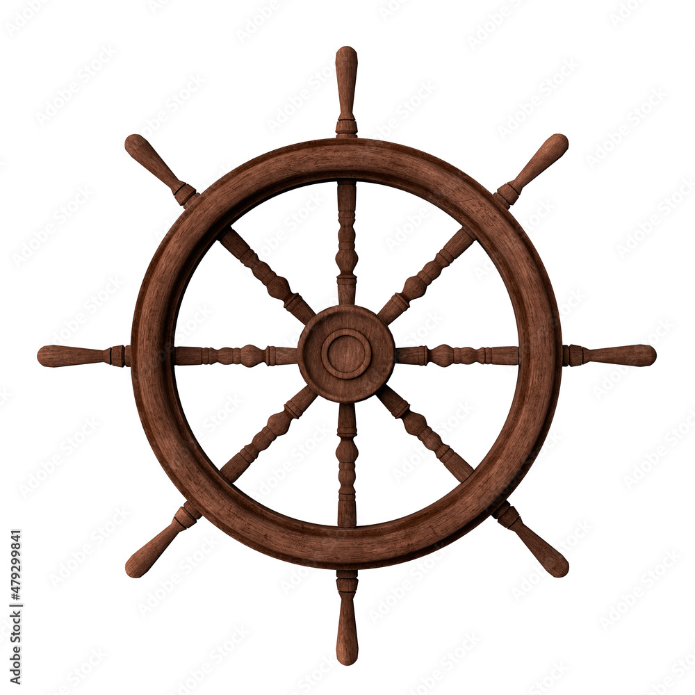 Classic ship wooden wheel on white background 3D illustration