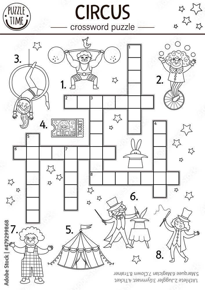 Vector circus crossword puzzle for kids. Simple black and white amusement show quiz with funny Vector circus crossword puzzle for kids. Simple black and white amusement show quiz with funny