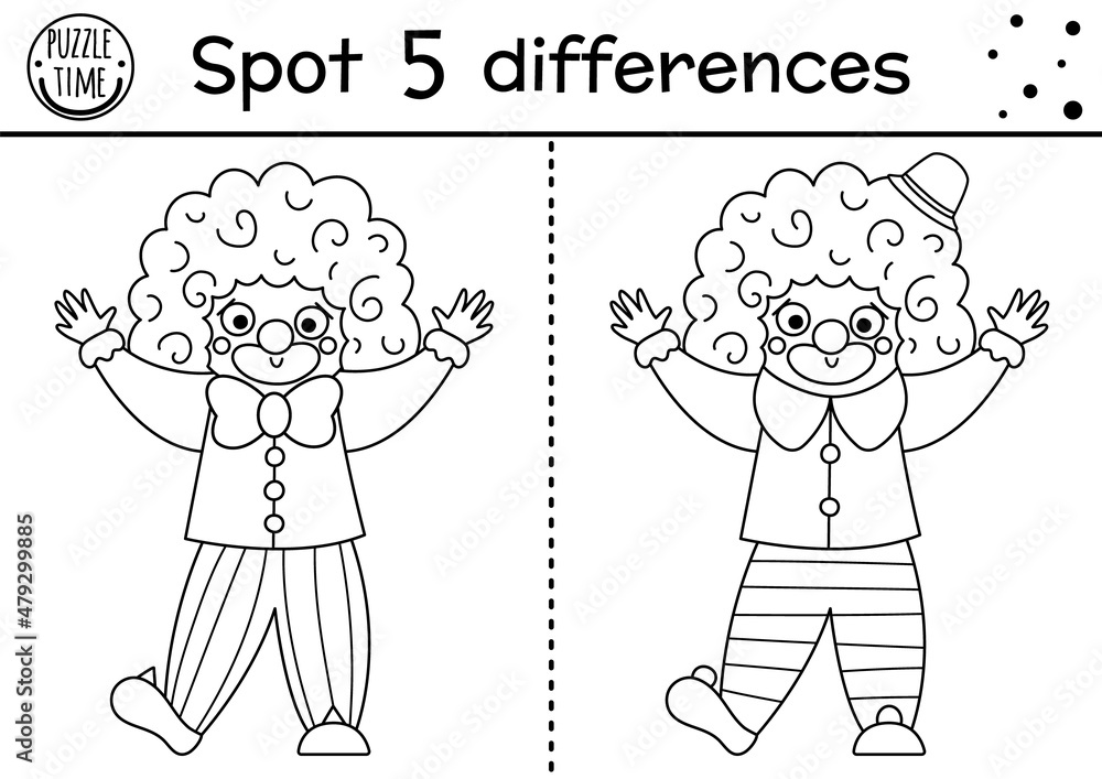 Fototapeta premium Circus black and white find differences game for children. Educational line activity with cute clown. Amusement show puzzle for kids with funny artist. Entertainment festival coloring page.