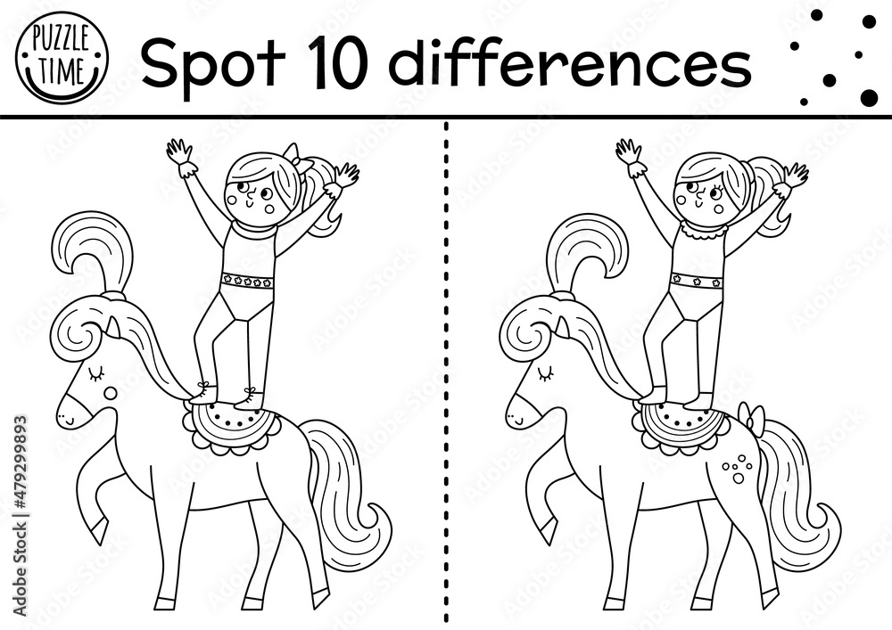 Circus black and white find differences game for kids. Educational line activity with gymnast girl on hoop. Amusement show puzzle for children. Festival printable coloring page. Circus black and white find differences game for kids. Educational line activity with gymnast girl on hoop. Amusement show puzzle for children. Festival printable coloring page.