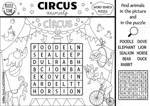 Vector circus wordsearch puzzle for kids. Simple black and white amusement crossword with funny animal performers on the stage. Line activity with lion, bear, rabbit. Cross word coloring page.