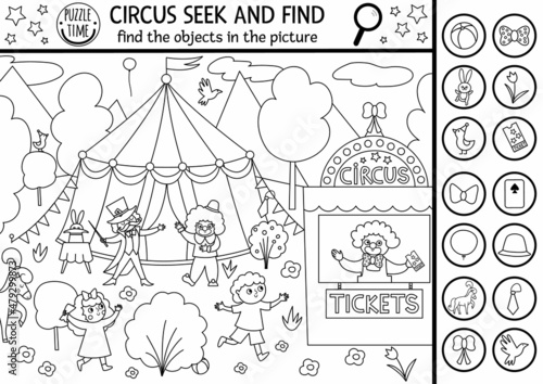 Vector circus searching black and white game with amusement show marquee, clown. Spot hidden objects in the picture. Simple line seek and find printable activity or coloring page.