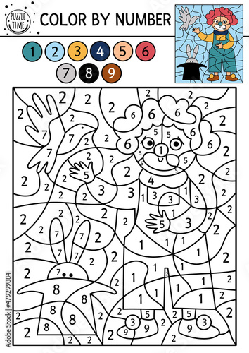 Vector circus color by number activity with clown, dove and rabbit in hat. Circus black and white counting game with cute stage performer. Funny amusement show coloring page for kids.