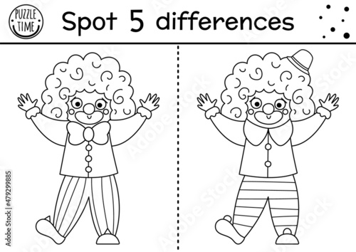 Circus black and white find differences game for children. Educational line activity with cute clown. Amusement show puzzle for kids with funny artist. Entertainment festival coloring page.