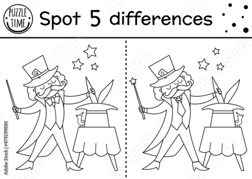 Circus black and white find differences game for children. Educational line activity with magician showing trick with hat and rabbit. Amusement show puzzle. Festival coloring page.